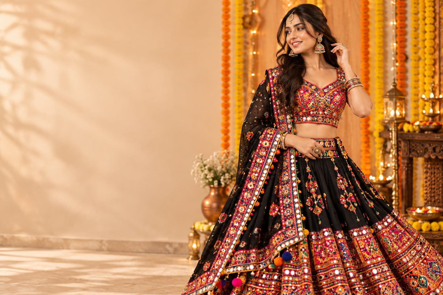 Smiling model in a black mirror-work Gujarati Chaniya Choli with marigold garlands and diyas